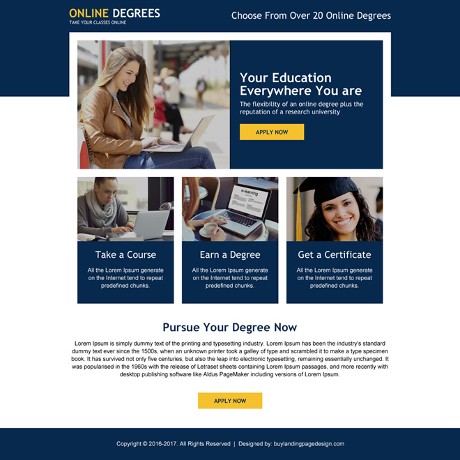 responsive online degree minimal landing page design