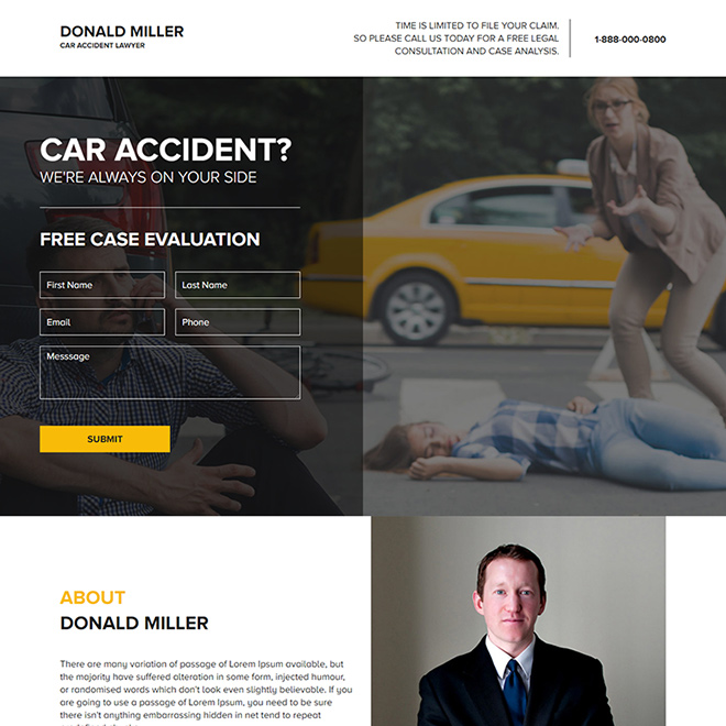 car accident lawyer lead capture landing page Personal Injury example