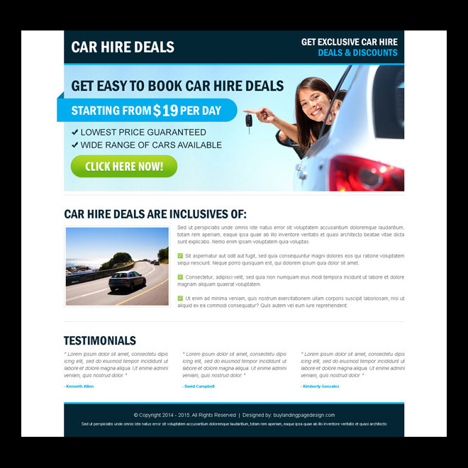 car hire call to action effective landing page Car Hire and Car Rental example