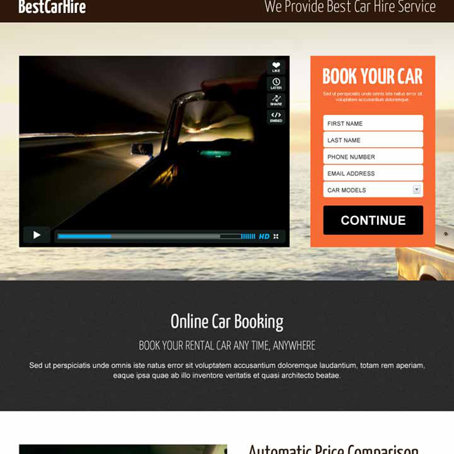 best car hire lead capture responsive video landing page design