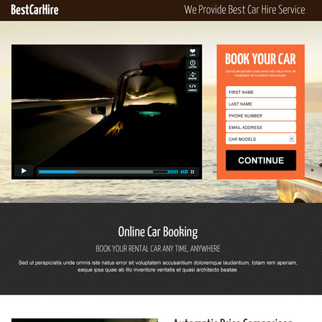 car hire or car rental landing page designs for car hire business video landing page template