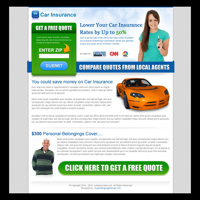 car insurance zip submit converting landing page design Auto Insurance example