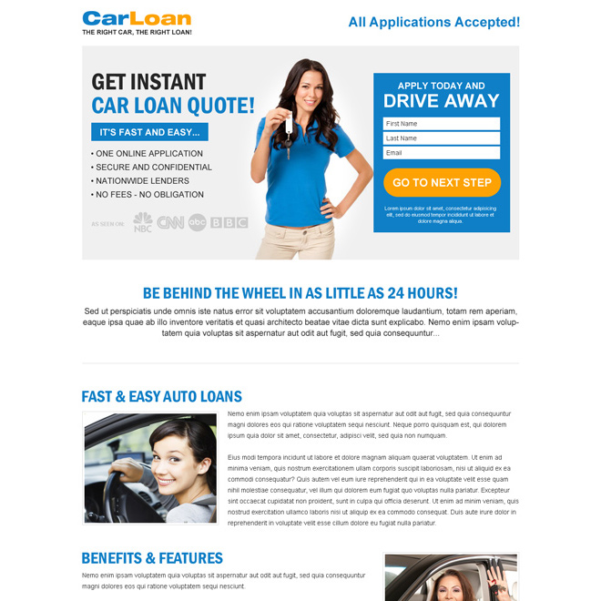 white and blue car loan lead capture responsive lander design Auto Financing example