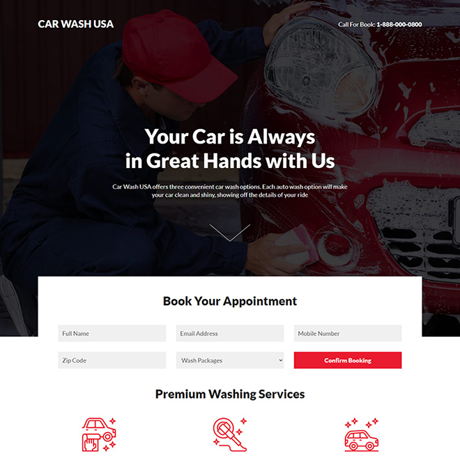 premium car washing service responsive landing page Automotive example