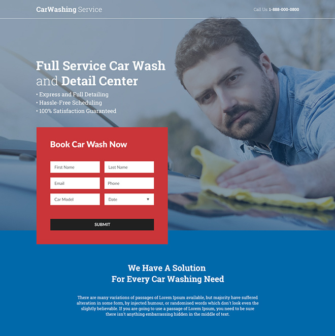 car washing service lead capture responsive landing page Automotive example