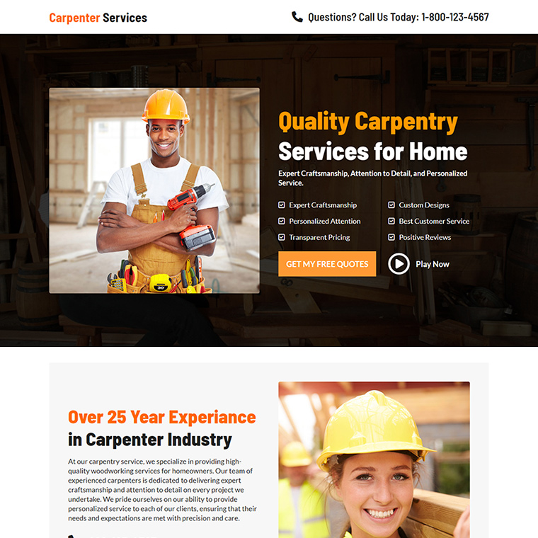 carpentry contractor lead capture landing page Home Improvement example