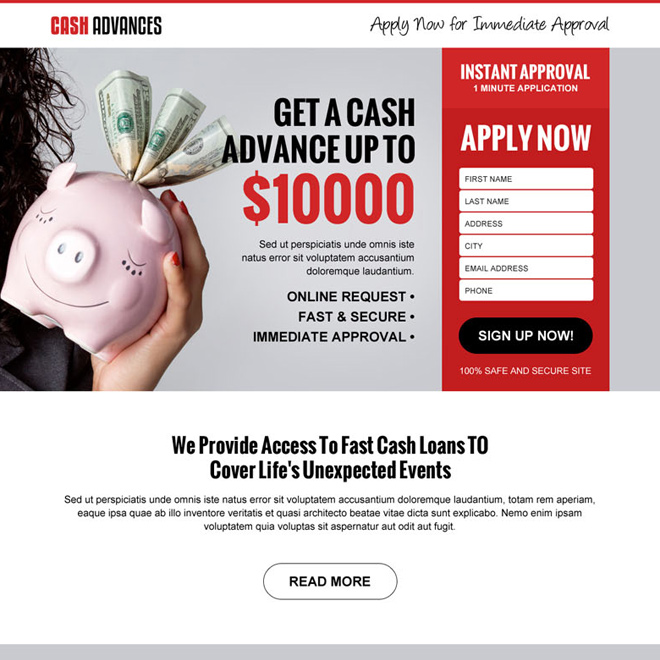 cash loan in advance lead gen responsive landing page design