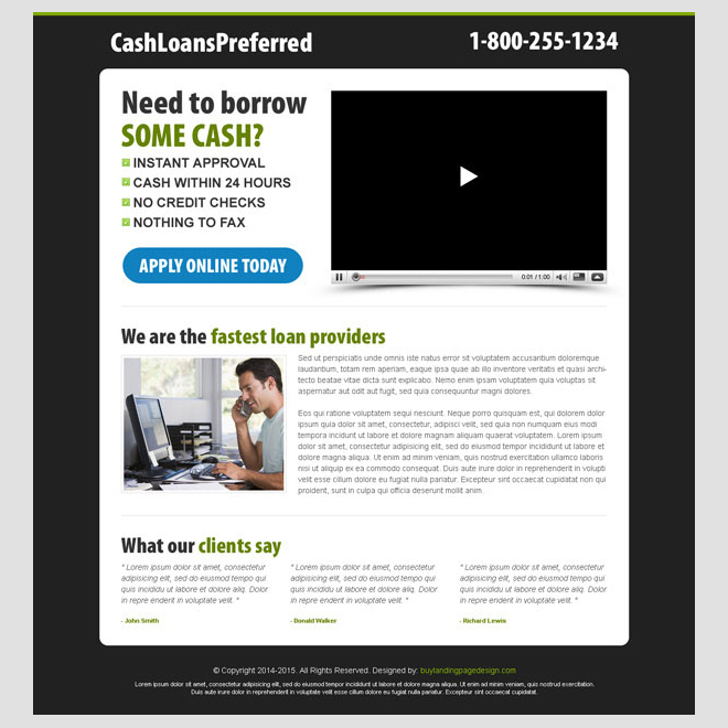 cash loan video responsive landing page
