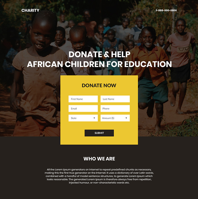 charity services lead capture responsive landing page Charity And Donation example