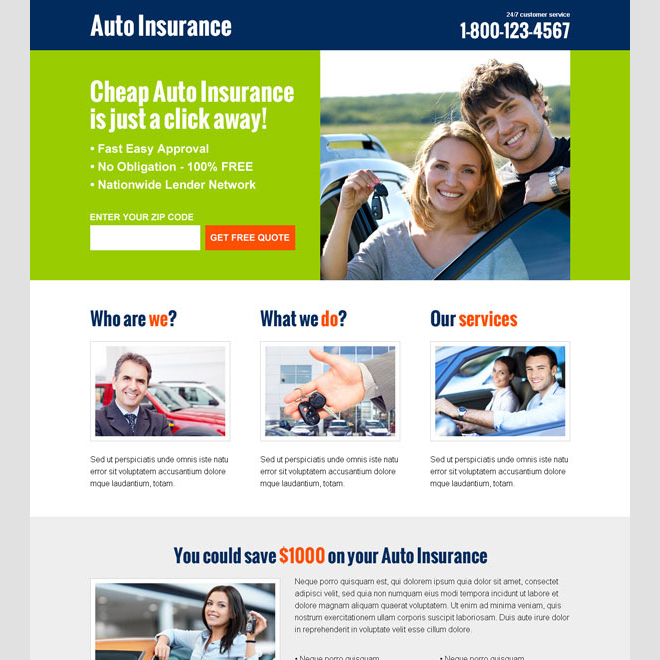 killer auto insurance converting responsive lead capture landing page design template Auto Insurance example