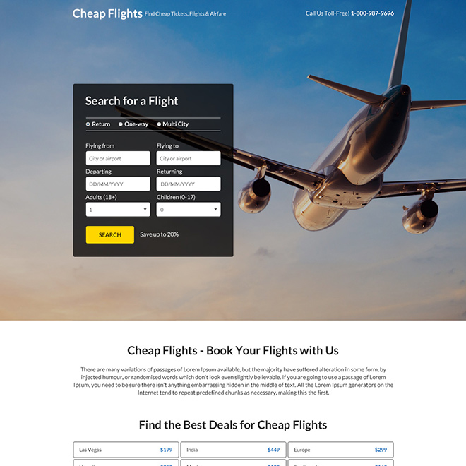 best deals for flight booking responsive landing page Travel example