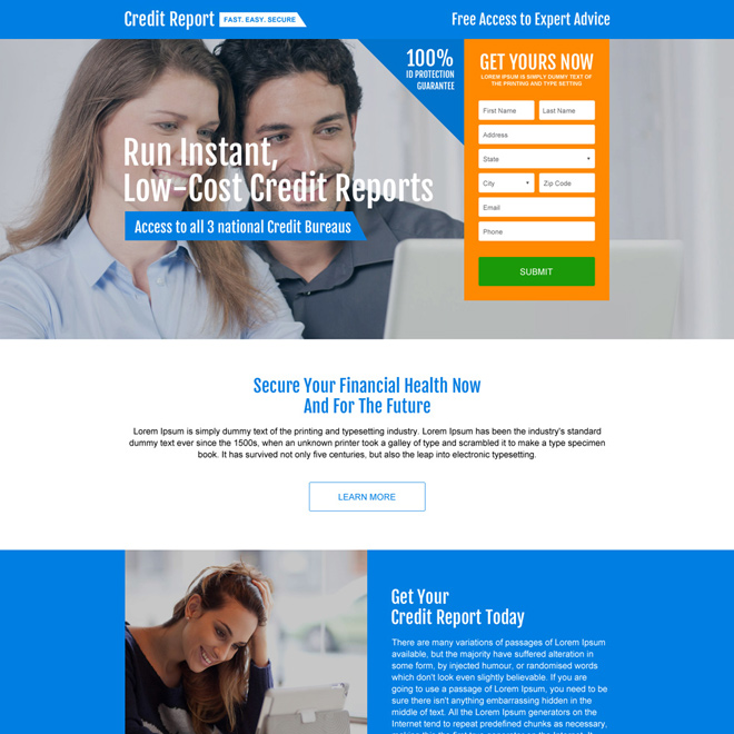 responsive credit report lead capturing landing page design