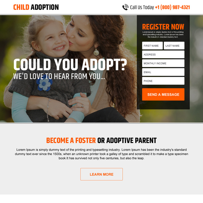 child adoption responsive lead generating landing page design Adoption example