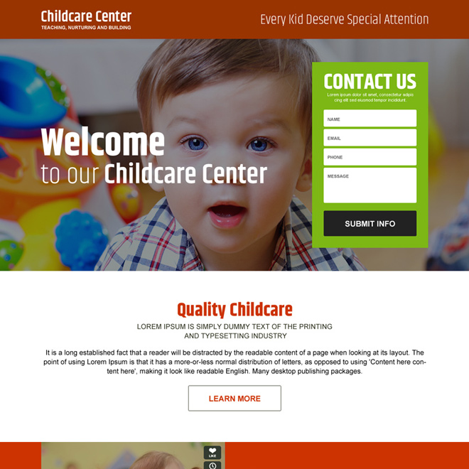 child care center converting responsive landing page design Child Care example