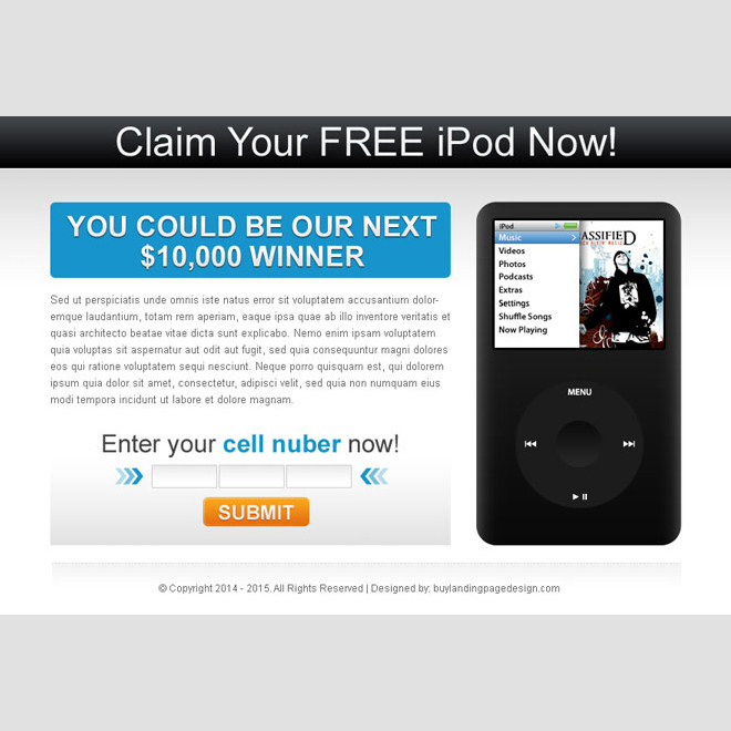 claim your free i-pod most converting ppv landing page design Electronics example