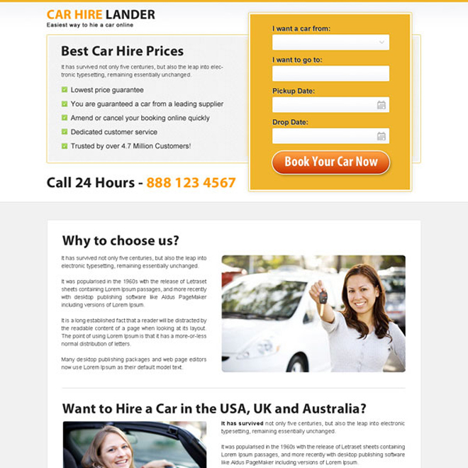 minimal looking car hire lead capture landing page design Car Hire and Car Rental example