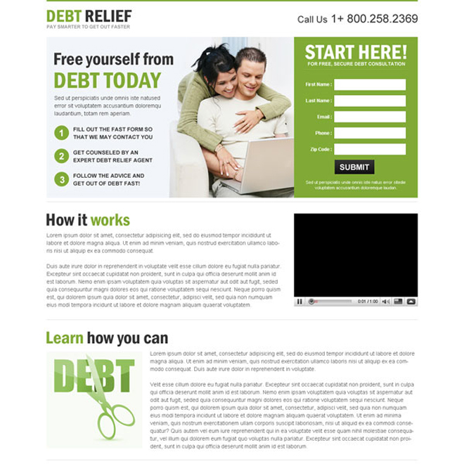 clean converting debt relief responsive lead capture landing page design templates Debt example