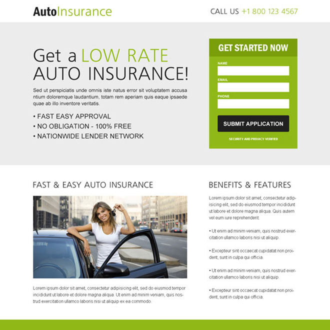 clean creative converting and flat responsive auto insurance lead capture landing page design templates Auto Insurance example