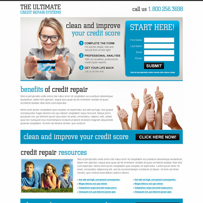 improve your credit score very effective small lead capture clean landing page design Credit Repair example