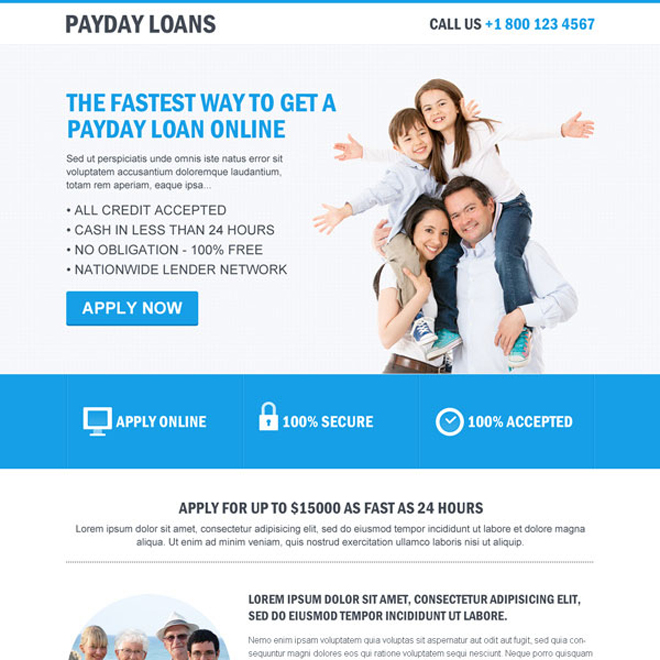 clean payday loan flat responsive landing page design