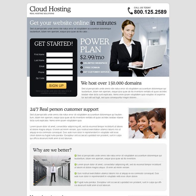 clean effective and converting lead capture landing page design for web hosting company Web Hosting example