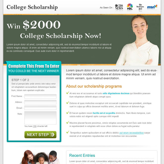 collage scholarship effective lead capture landing page design for sale