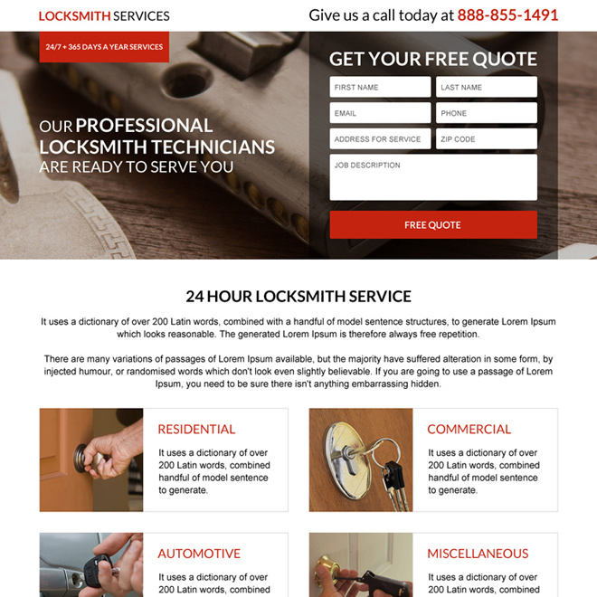 commercial locksmith service lead capturing responsive landing page Locksmith example