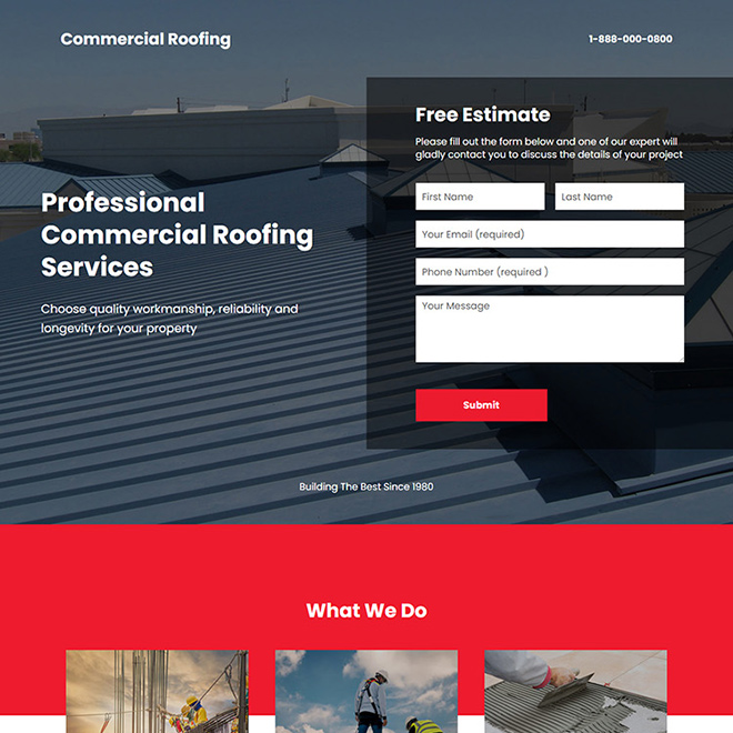 commercial roofing service lead capture landing page Roofing example