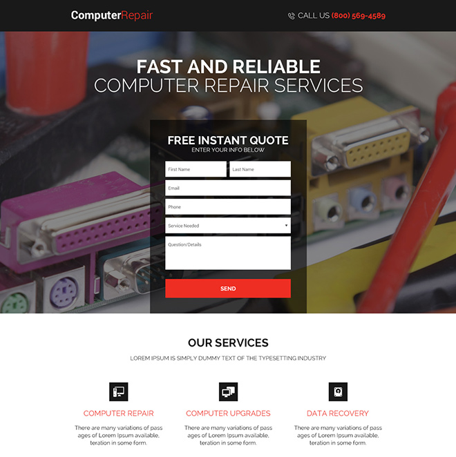 computer repair service instant quote landing page design