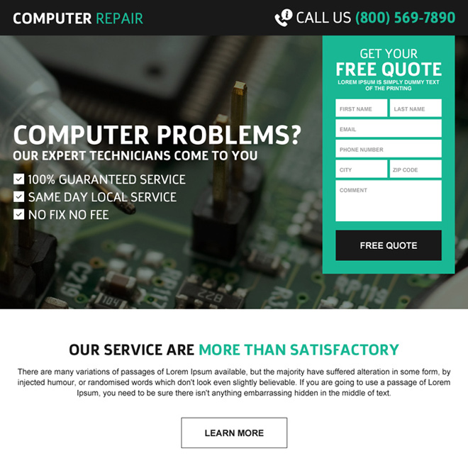 computer repair service effective free quote lead gen responsive landing page Computer Repair example