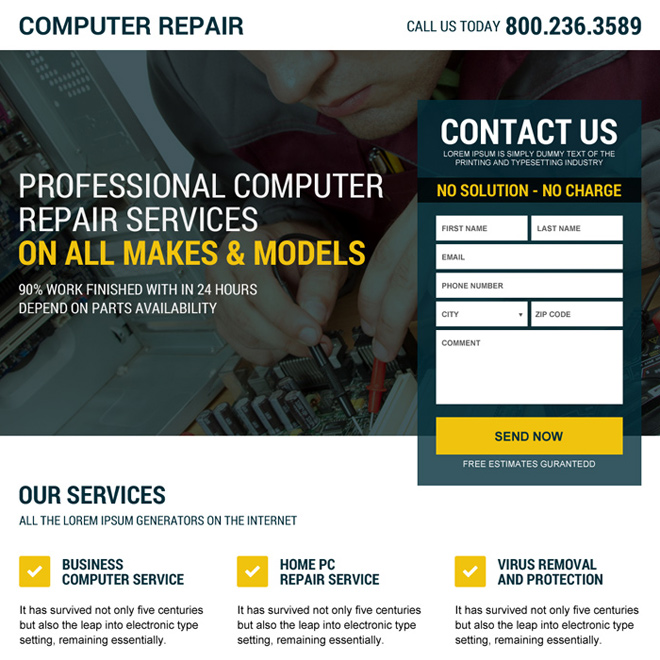 responsive computer repair service landing page design