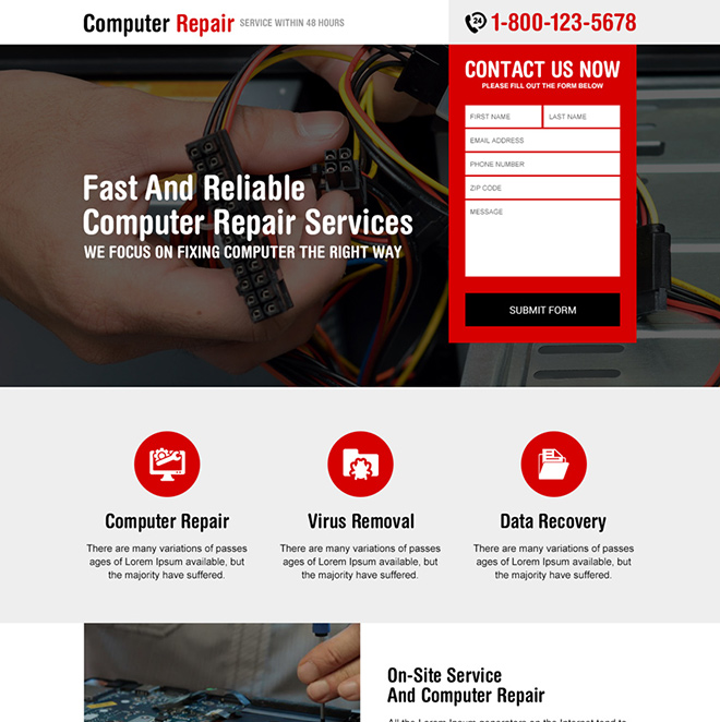 computer repair specialist responsive landing page design