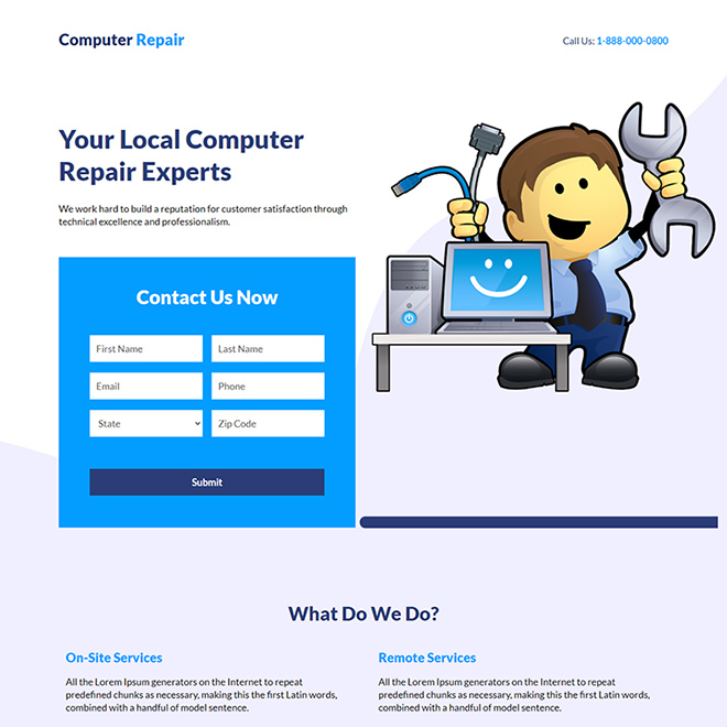 computer repair experts responsive landing page design Computer Repair example