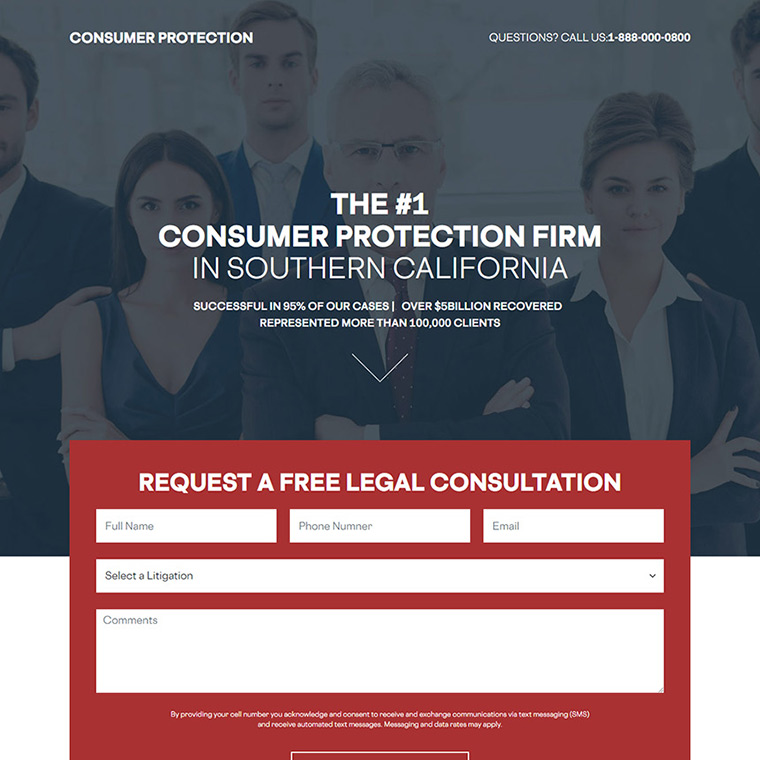 consumer protection law firm lead capture landing page Attorney and Law example
