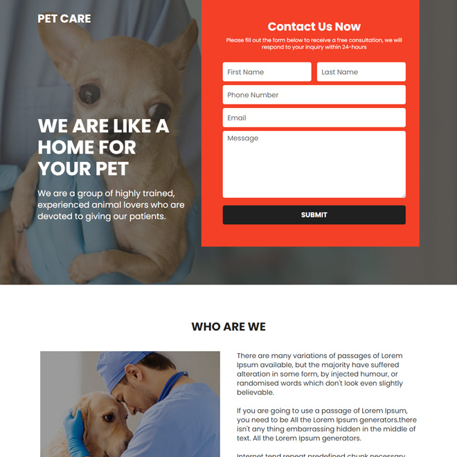 pet care services lead capture landing page design