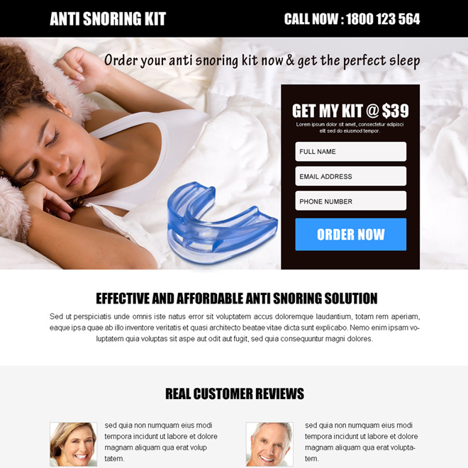 converting anti snoring kit lead capture ppv landing page Anti Snoring example