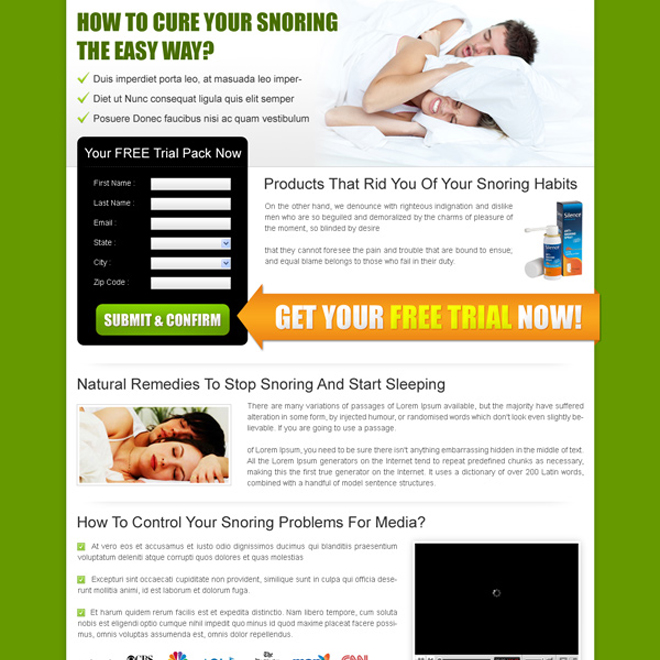 anti snoring product trial pack lead capture lander design