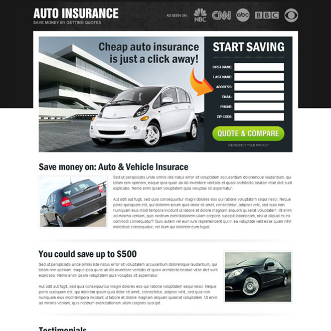 save money on auto insurance most converting and appealing html landing page design