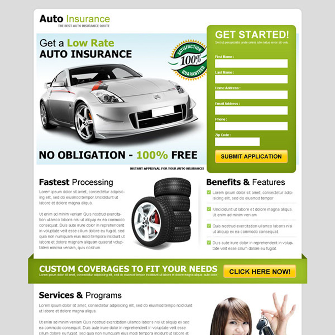 get a low rate auto insurance effective and attractive lead capture squeeze page design