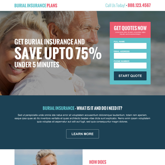 converting burial insurance plans responsive landing page design Burial Insurance example
