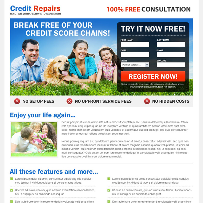 break free your credit score chains 2 column responsive landing page design Credit Repair example