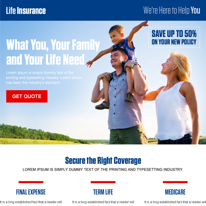 life insurance landing page design template to capture leads