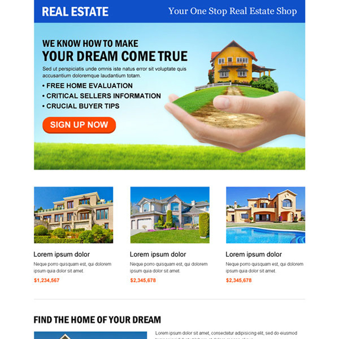 converting real estate business responsive landing page design template Real Estate example