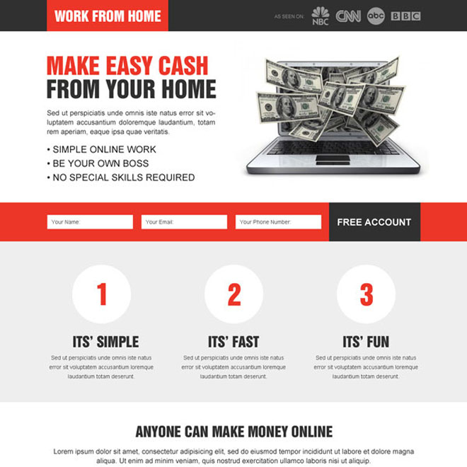 converting work from home responsive lead capture landing page design to increase conversion and response rate