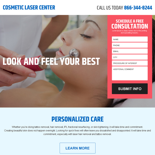 cosmetic laser surgery center responsive landing page design