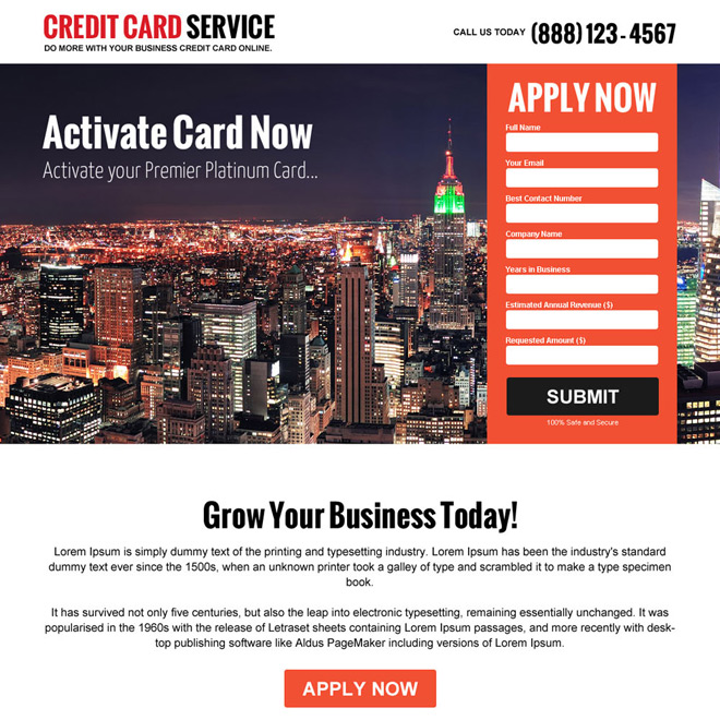 credit card company responsive landing page design