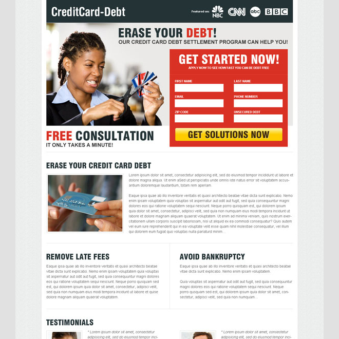 erase your debt 2 column attractive landing page design to maximize and boost your conversion