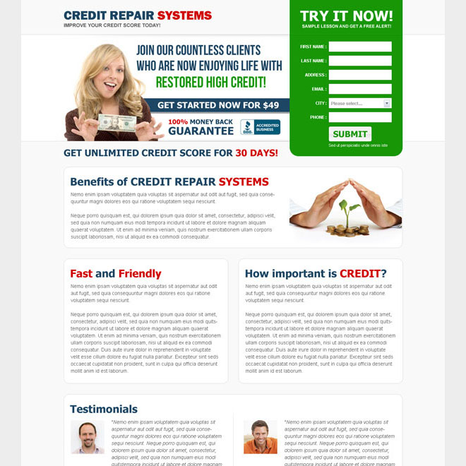 credit repair system clean and converting landing page design Credit Repair example