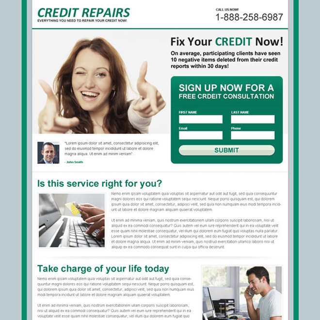 fix your credit now attractive and effective lead capture squeeze page design Credit Repair example