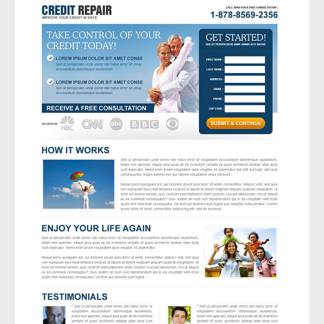 take control of your credit today free consultation lead gen squeeze design Credit Repair example